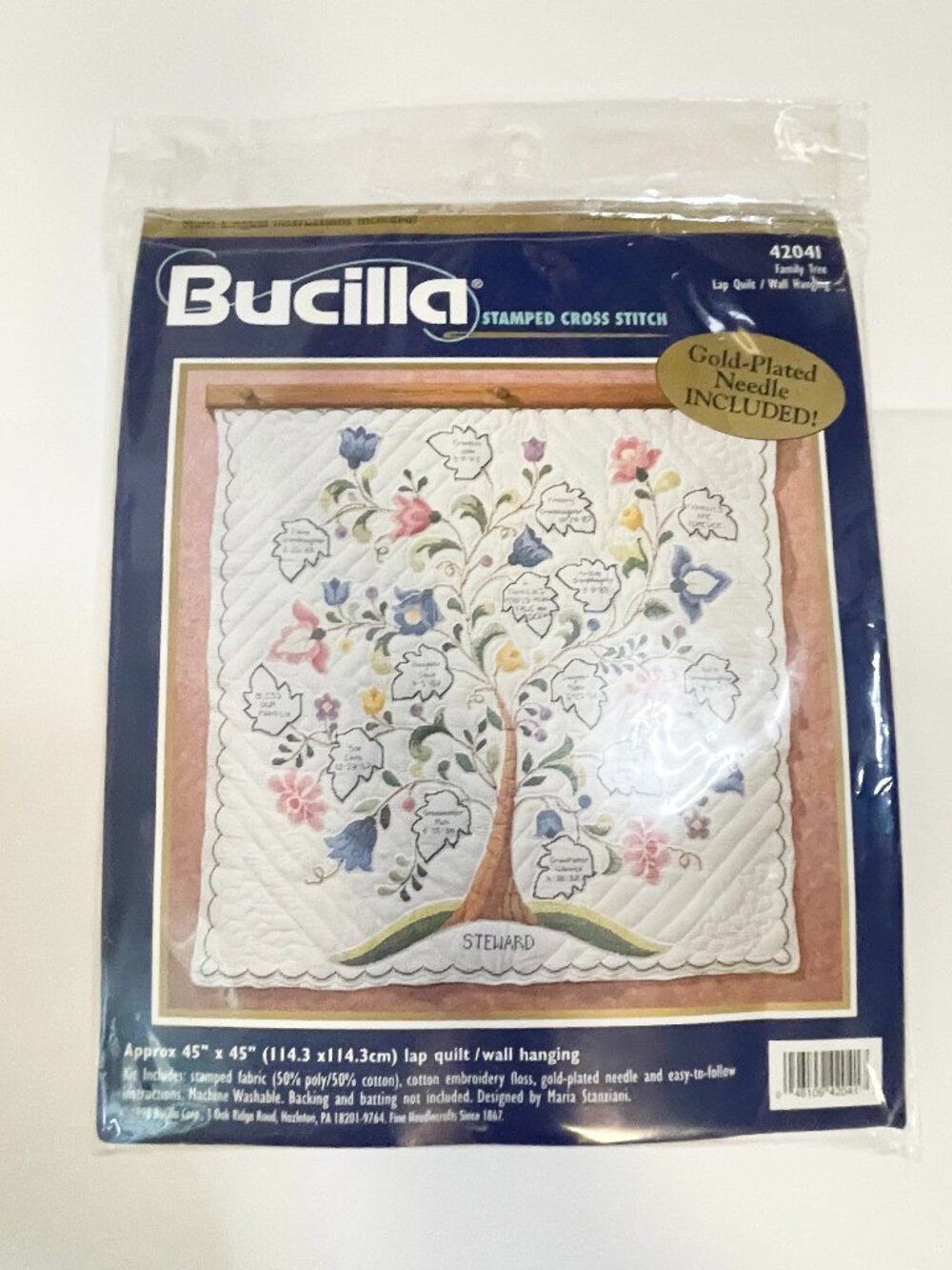 Bucilla Family Tree Stamped Cross Stitch Lap Quilt Wall Hanging Kit 45x45